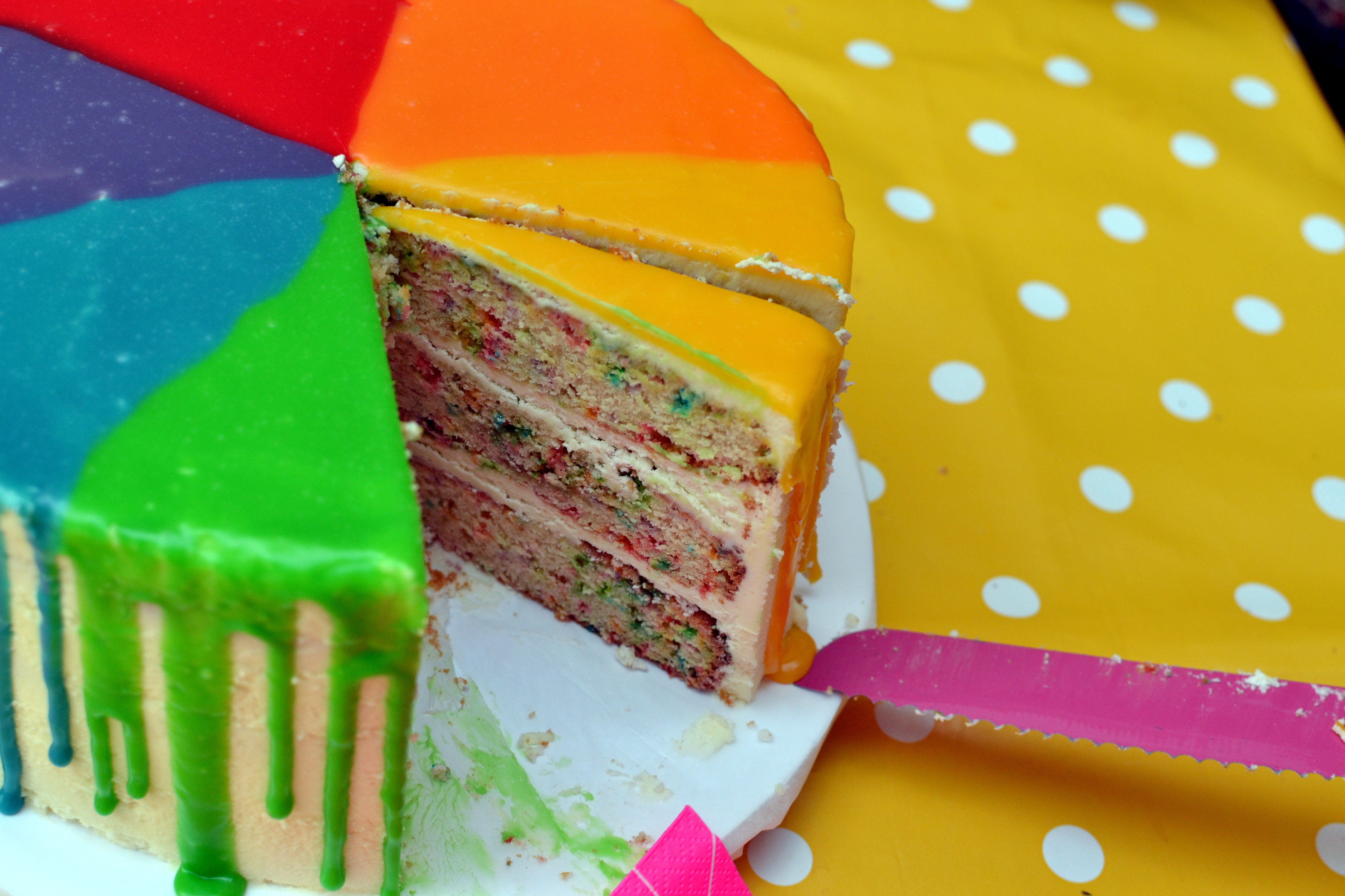 Multicoloured, multilayered birthday cake