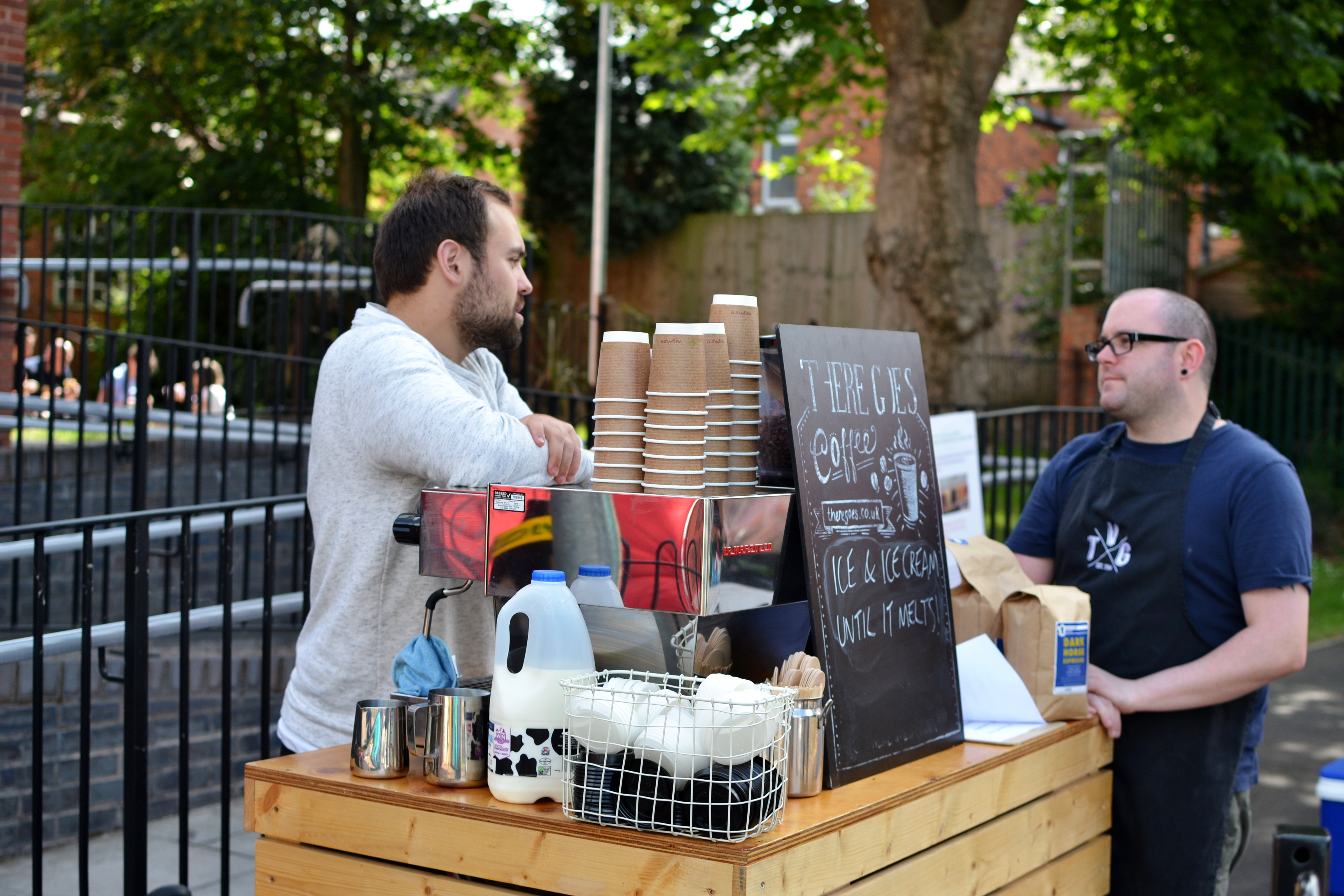 A quiet chat at theThere Goes Coffee stall