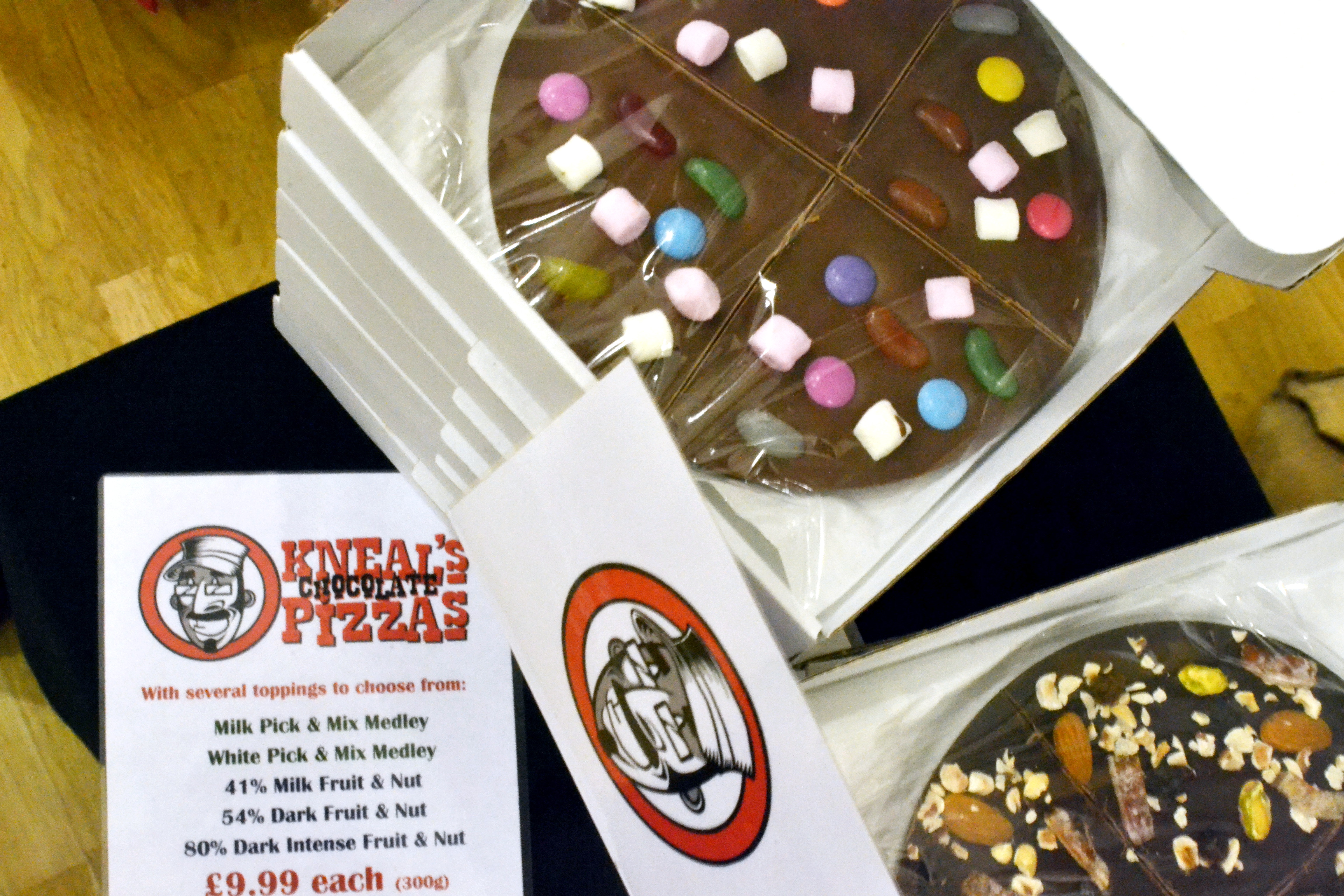 Chocolate pizzas! On sale from Kneals Chocolate