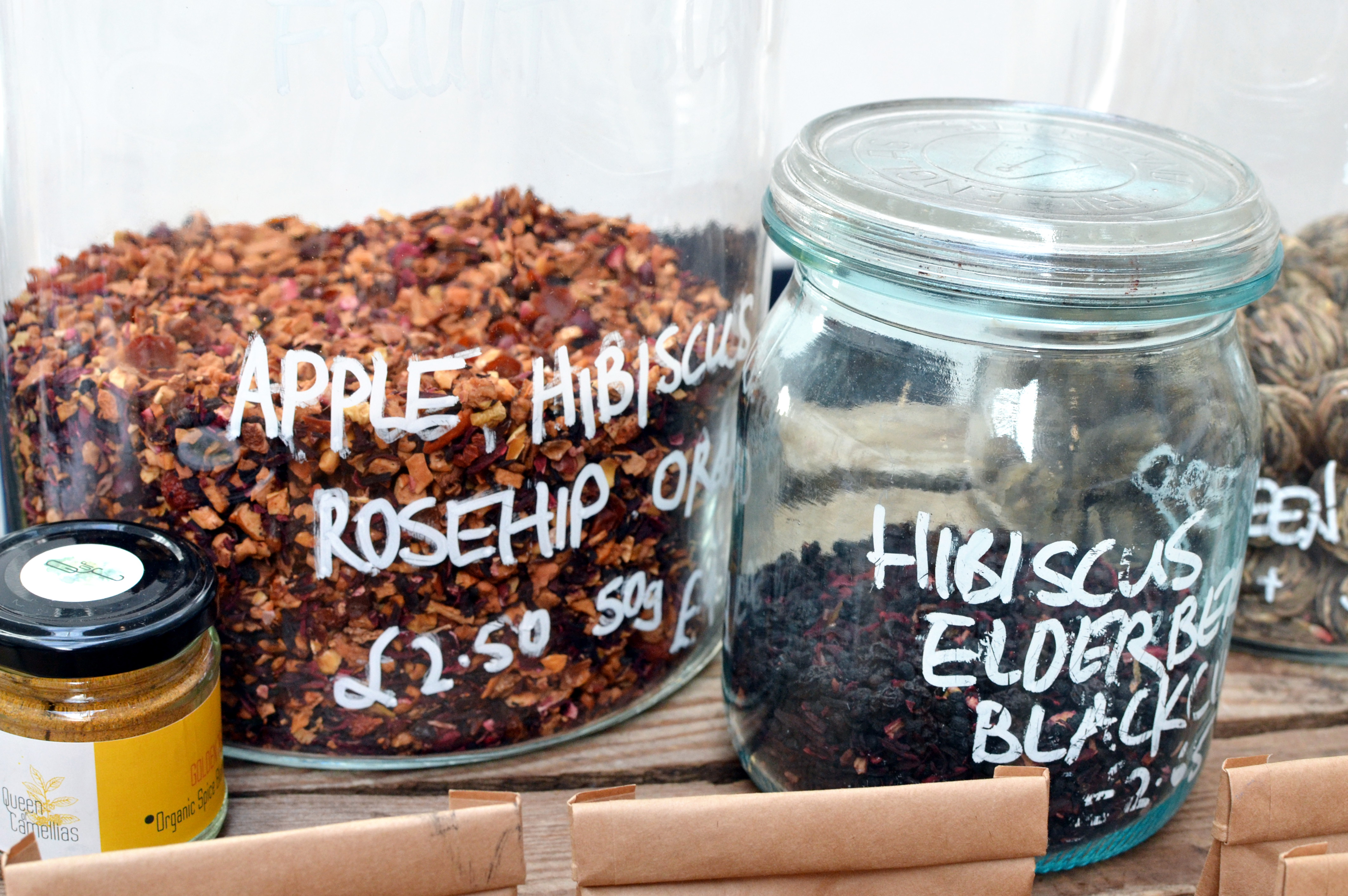 Closeup of herbal infusions from Queen of Camellias