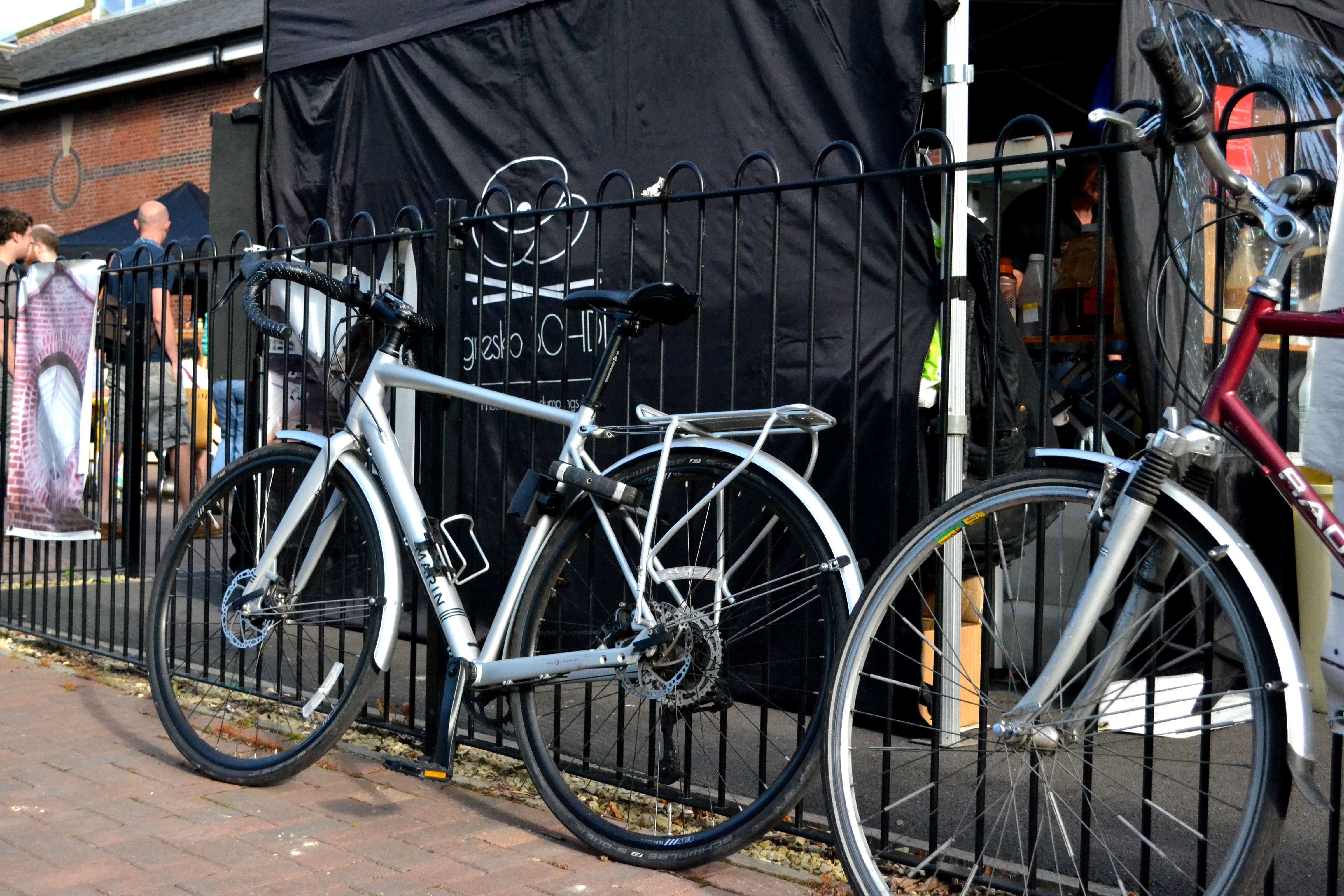 Bikes locked to the railings